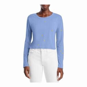 Chaser Vintage Heart Print Long Sleeve Tee Light Blue Yellow Hearts Small NWT